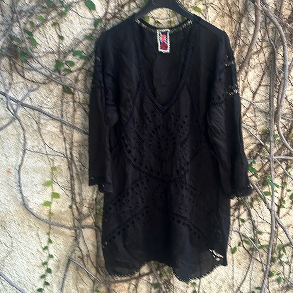 Johnny Was V-Neck Embroidered Eyelet Tunic Dress